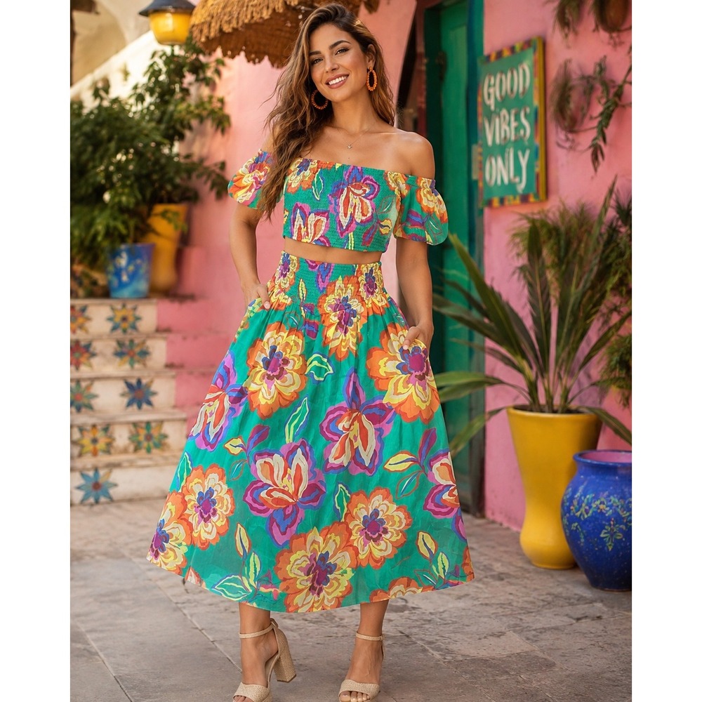 Vibrant Floral Two-Piece Crop Top & Skirt Set - Green, Orange, Pink 2pc.  Sz S